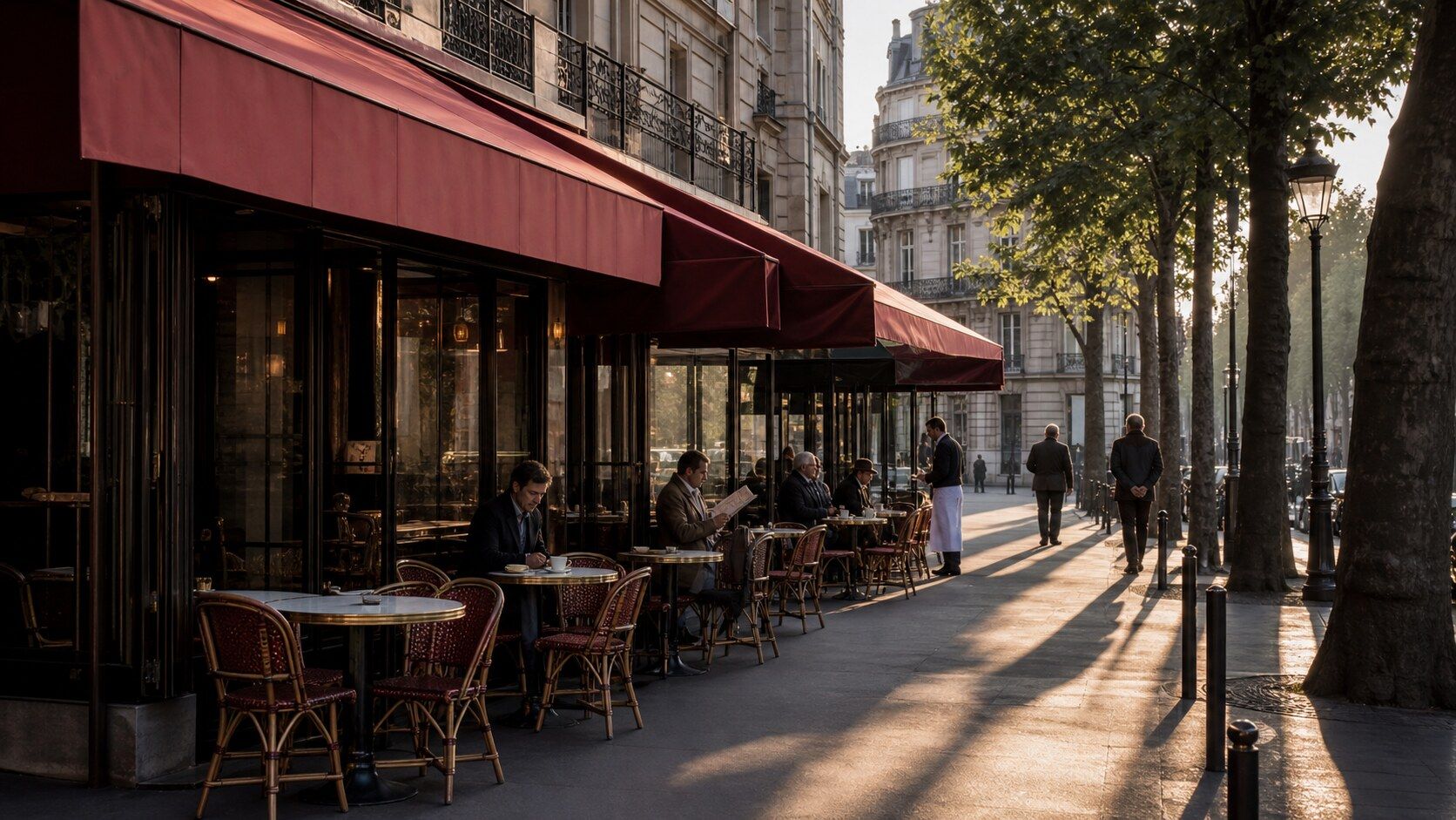 Терраса Café de Flore на бульваре Saint-Germain утром